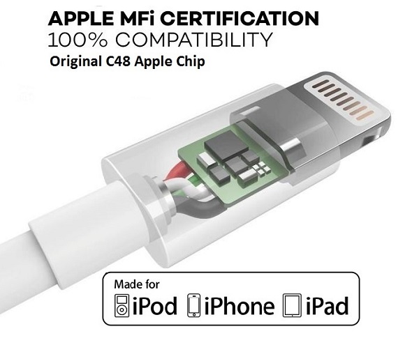 Da iPhoneIslam.com, cavo certificato MFi con logo Apple.