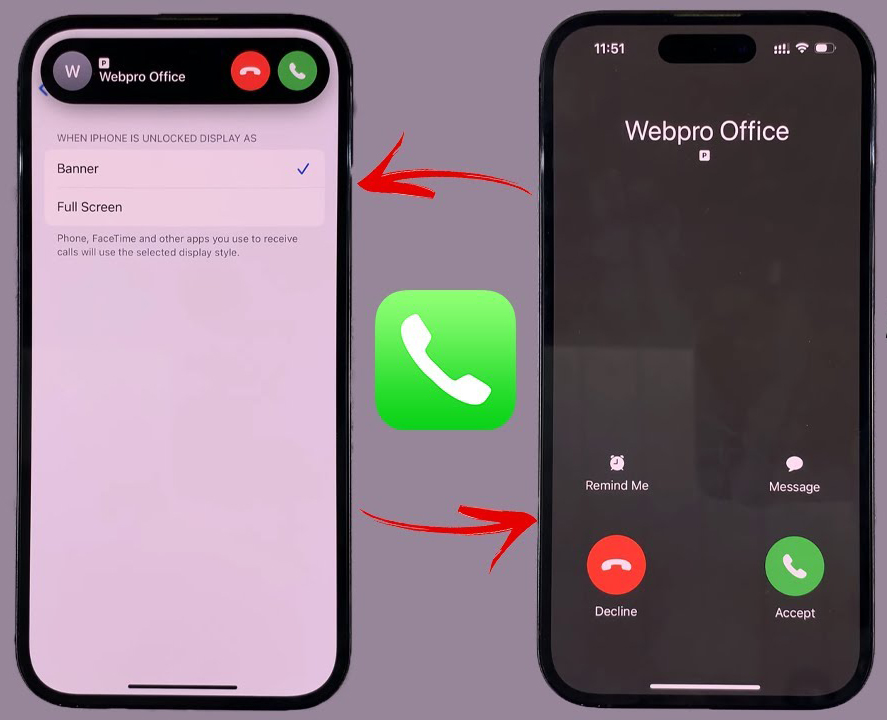 From the Phonegram website: Two smartphones show different styles for the incoming call screen; one displays 'iPhone settings' for call notifications, while the other shows an incoming call with 'Accept' and 'Decline' options. A green call icon is located between them.
