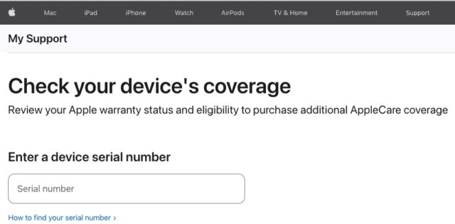 From iPhoneIslam.com, Apple's support page with checking your device coverage after purchasing a Line-Phone.