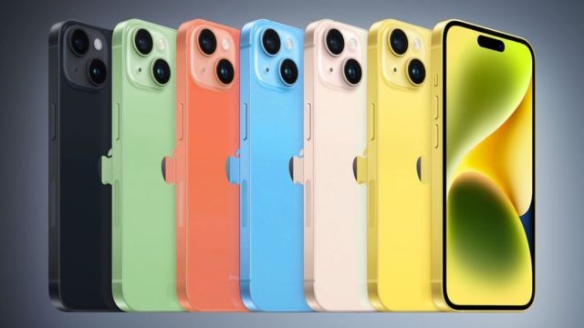iPhoneIslam.com から、最新ニュースを示すさまざまな色の iPhone の列。