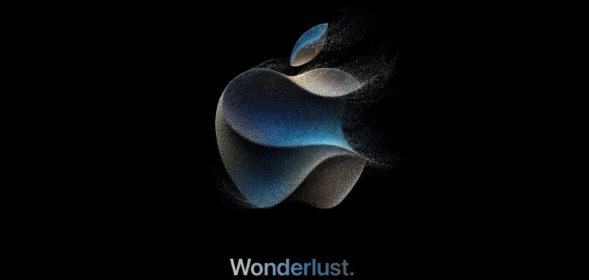 من iPhoneIslam.com، شعار أبل بخلفية سوداء مع كلمة الحنين للمجهول شعار فعالية إطلاق الآي-فون 15.