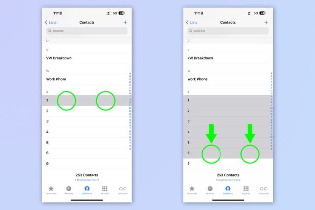 iPhoneIslam.com에서 iOS 사용자를 위한 숨겨진 제스처를 보여주는 화면에 녹색 화살표가 있는 두 개의 iPhone.