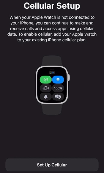 من iPhoneIslam.com، لقطة شاشة للإعداد الخلوي لساعة Apple.
