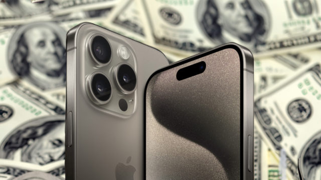 Z iPhoneIslam.com iPhone 15 leży na stosie pieniędzy.