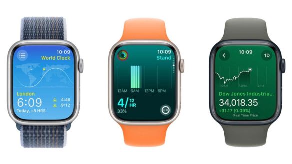 Von iPhoneIslam.com drei Apple Watch-Geräte mit unterschiedlichen GPS-Displays, auf denen WatchOS 10 läuft.