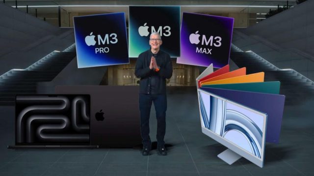 Depuis iPhoneIslam.com, un homme se tient devant les Scary Fast Apple M3 et M3 Pro.