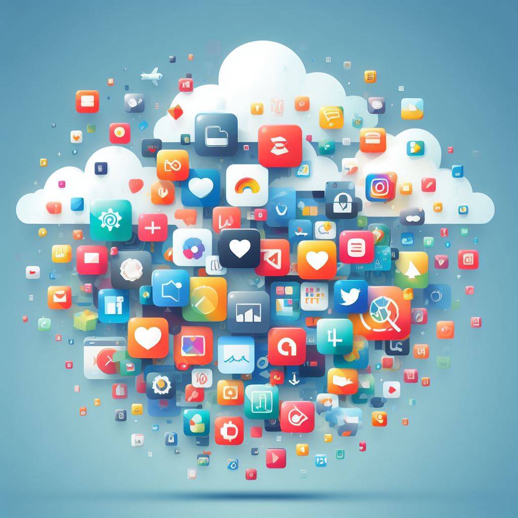 من iPhoneIslam.com، سحابة من أيقونات وسائل التواصل الاجتماعي على شكل سحابة تضم التطبيقات المشهورة.