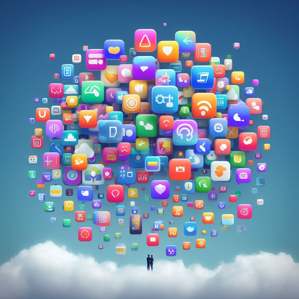 من iPhoneIslam.com، رجل يقف أمام سحابة مليئة بأيقونات التطبيقات، محاطًا بسبعة اختيارات مفيدة لتطبيقات iPhone اختارها إسلام.