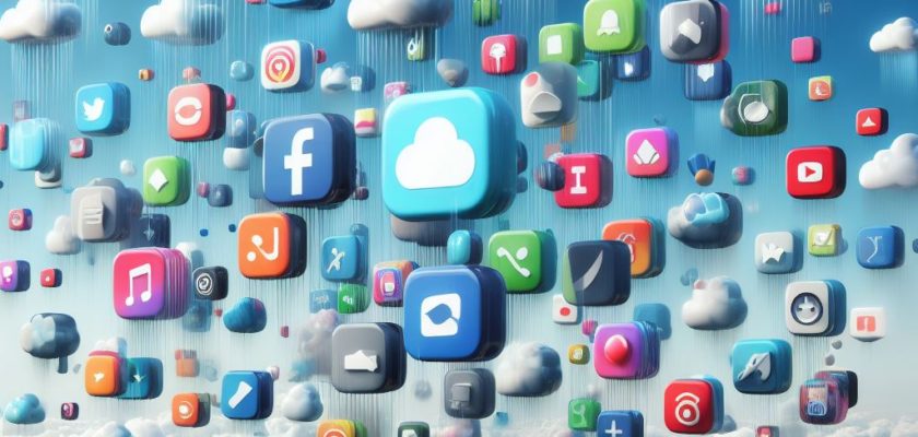Van iPhoneIslam.com zweeft een wolk van mobiele app-iconen in de lucht, met zeven nuttige apps geselecteerd door iPhone Islam.