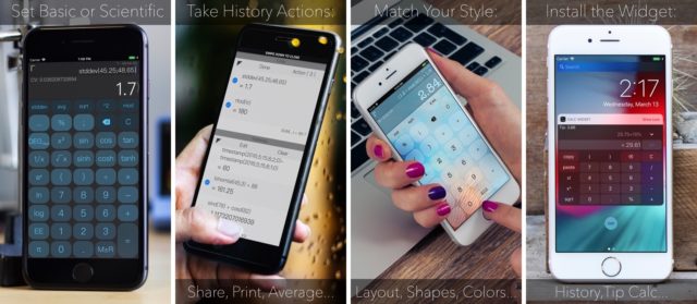 iPhoneIslam.com에서 계산기가 장착된 휴대폰을 보여주는 일련의 이미지는 iPhoneIslam의 추천 제품과 유용한 앱을 보여줍니다.