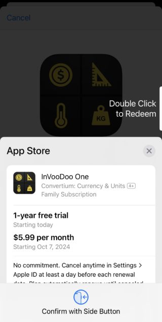 De iPhoneIslam.com, una captura de pantalla del botón de doble toque en la aplicación Invodo One.
