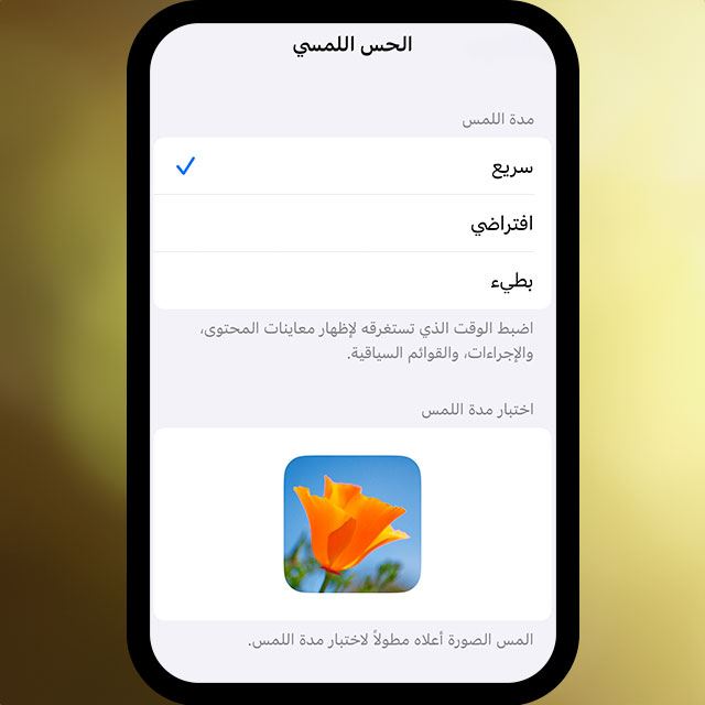Ji iPhoneIslam.com, têlefonek haptîk a bi kulîlkek bi erebî li ser ekrana destikê.