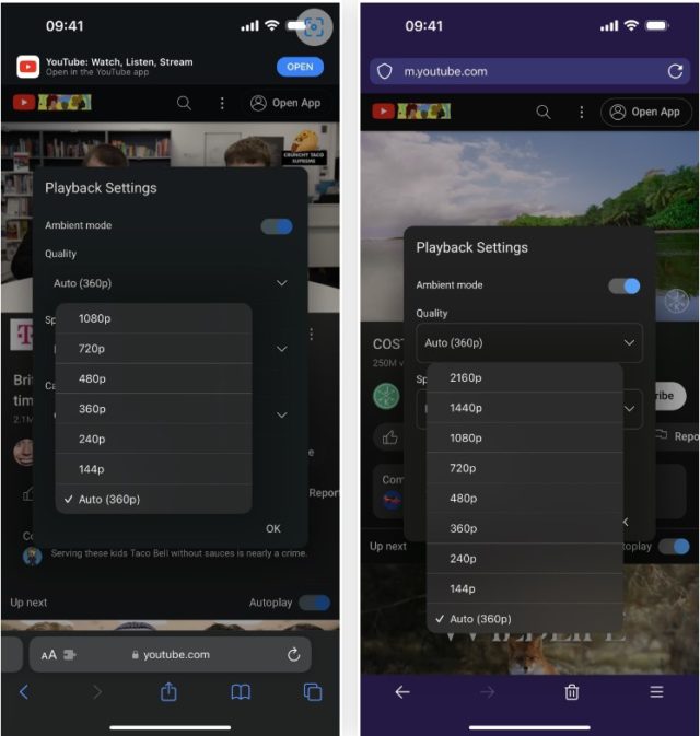 iPhoneIslam.com'dan, iOS 17.1 güncellemesinde sunulan yeni özellikleri ve güncellemeleri gösteren, iPhone'daki youtube ayarlarının ekran görüntüsü.