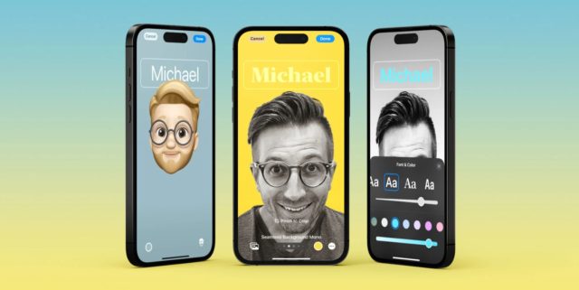 Dari iPhoneIslam.com, tiga iPhone dengan custom face berbeda. iOS 17
