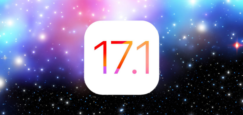 من iPhoneIslam.com، خلفية مجرة عليها شعار 17 1، وتتضمن آخر تحديثات iOS وiPadOS 17.1 من Apple.