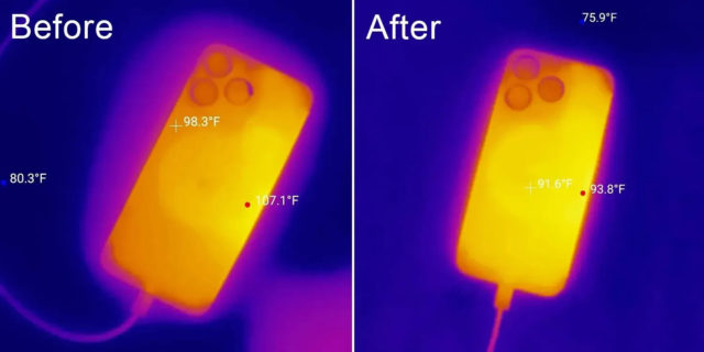 Dari iPhoneIslam.com, gambar termal ponsel sebelum dan sesudah pemanasan menunjukkan efek panas pada pembaruan iOS 17.0.3.