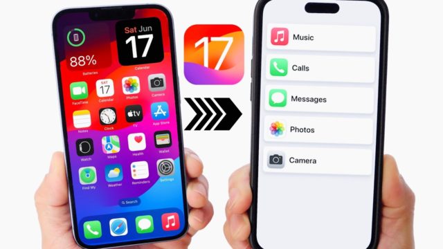 Από το iPhoneIslam.com, ένα άτομο κρατά δύο iPhone με διαφορετικές εφαρμογές, επιδεικνύοντας τις νέες δυνατότητες προσβασιμότητας του iOS 17.