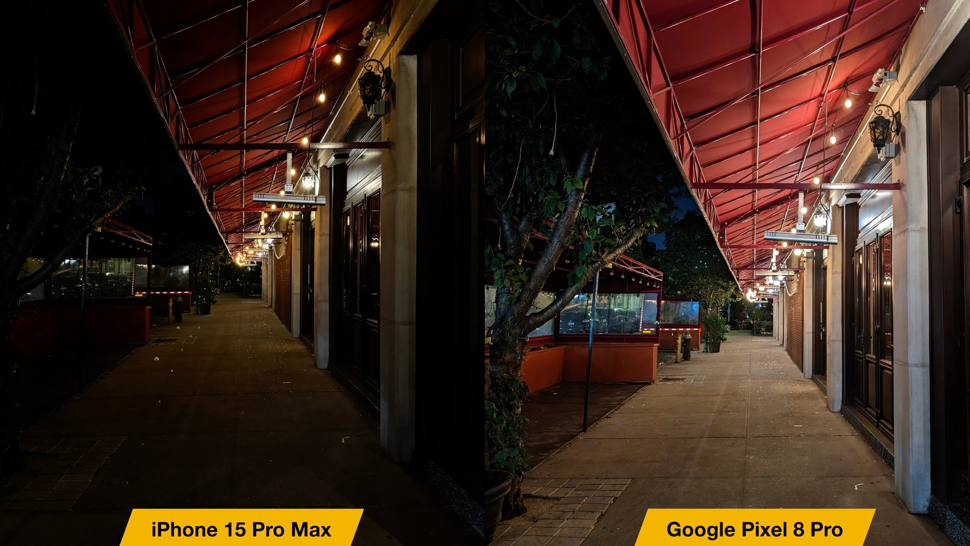 Từ iPhoneIslam.com, hai bức ảnh chụp một con phố có hai ngọn đèn, so sánh giữa iPhone 15 Pro Max và Google Pixel 8 Pro.
