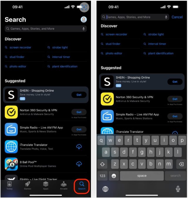 iPhoneIslam.com'dan, en son iOS 17.1 güncellemesiyle birlikte ekranda arama butonunu gösteren, yeni özellikleri ve değişiklikleri gösteren iki iPhone.
