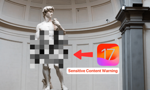 来自 iPhoneIslam.com，博物馆里的一座雕像，上面有一个警告箭头。