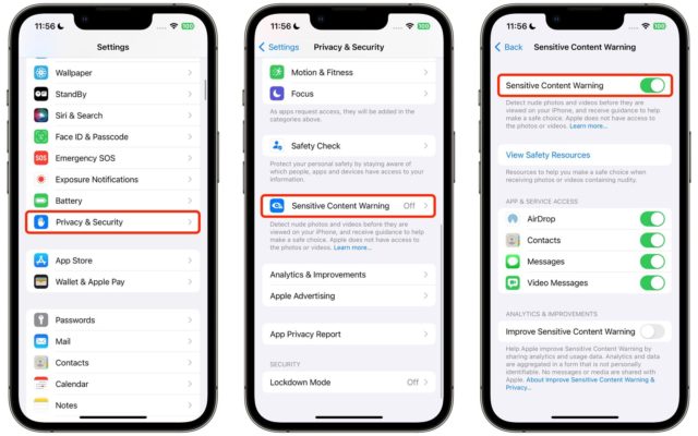 Dari iPhoneIslam.com, tiga iPhone ditandai dengan pengaturan berbeda dan dilengkapi fitur peringatan konten sensitif.