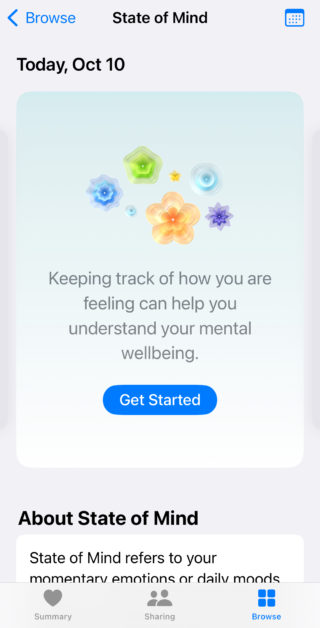 来自 iPhoneIslam.com，iPhone 上正念应用程序的屏幕截图，展示了其健康功能。