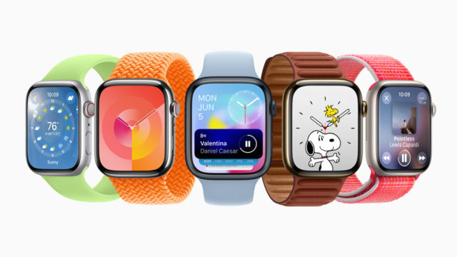 来自 iPhoneIslam.com，各种不同颜色的 Apple Watch，搭载 watchOS 10。