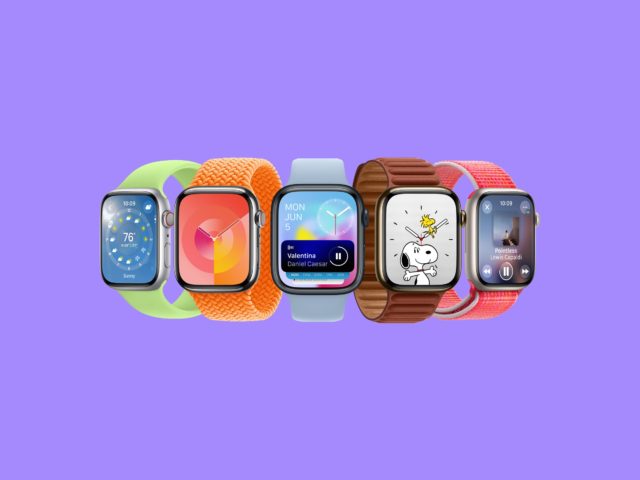 Van iPhoneIslam.com, een verzameling kleurrijke Apple Watches op een paarse achtergrond, perfect voor nieuwe Apple Watch-gebruikers die op zoek zijn naar tips en trucs.