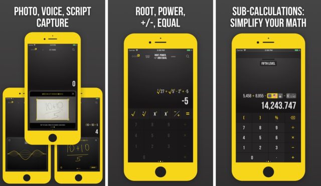 Depuis iPhoneIslam.com, calculatrice jaune et noire sur écran de smartphone.