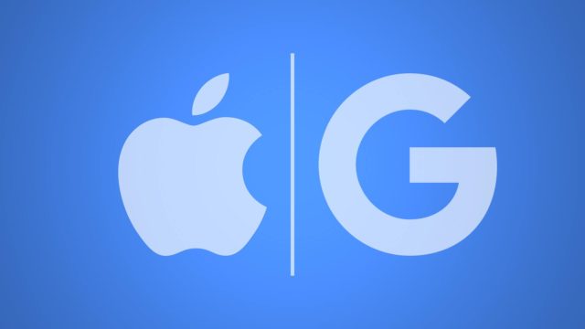 Z iPhoneIslam.com, niebieskie tło z logo Google i Apple w kolorze białym.