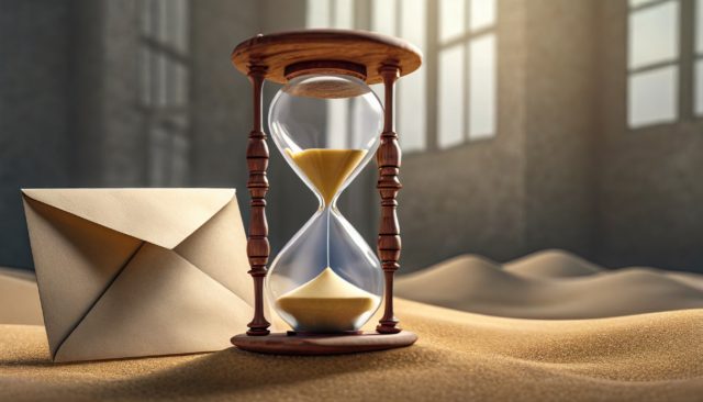 من iPhoneIslam.com، ساعة رملية ذات مظروف في الرمال، تشير إلى مرور الوقت وتخليدًا لمناسبة خاصة.