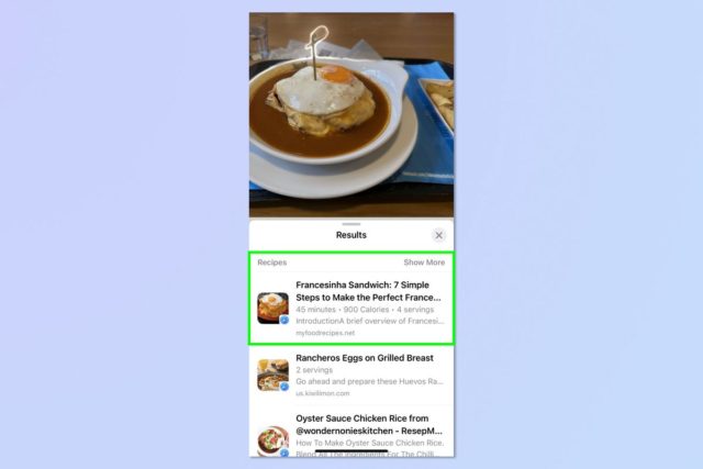 De iPhoneIslam.com, una captura de pantalla de una página de Facebook con una imagen de comida que muestra una búsqueda visual en un iPhone.