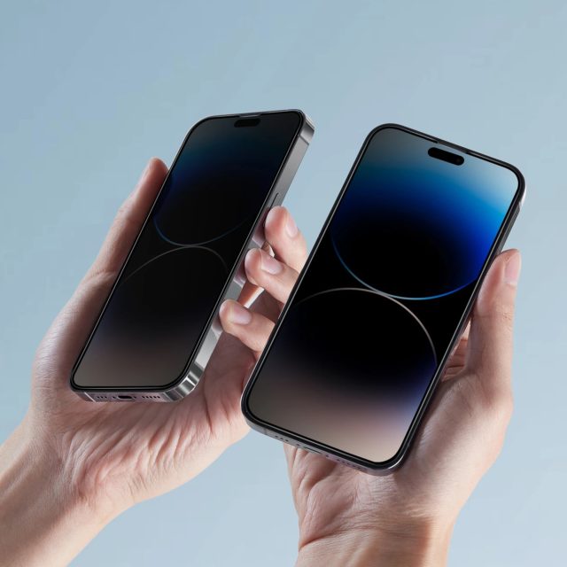 از iPhoneIslam.com، دو دستی که آیفون‌ها را روی پس‌زمینه آبی نگه می‌دارند و موج‌سواری شانه را نشان می‌دهند.