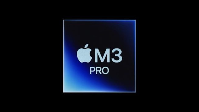 iPhoneIslam.com سے، Apple M3 Pro کا لوگو سیاہ پس منظر پر ظاہر ہوتا ہے۔