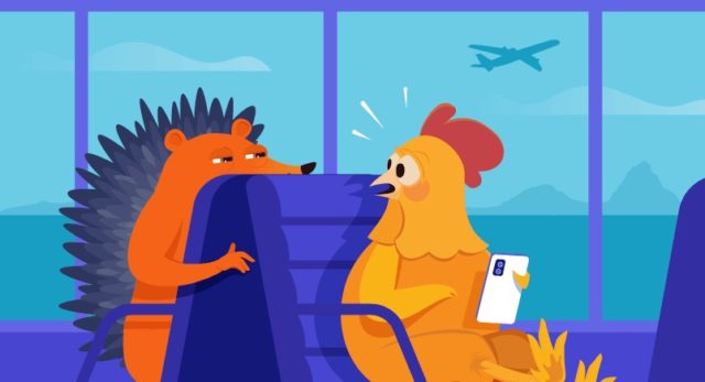 من iPhoneIslam.com، كتف دجاج يركب الأمواج على قنفذ يجلس على متن طائرة.