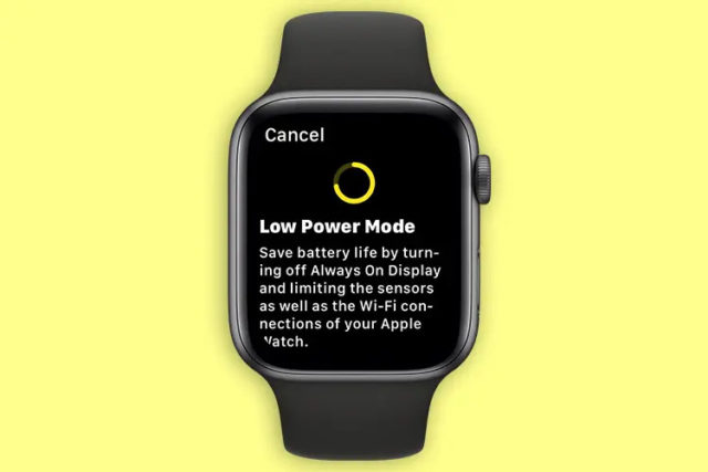 Z iPhoneIslam.com, ekran Apple Watch Series 9 pokazujący tryb niskiego zużycia energii.