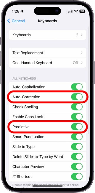 З iPhoneIslam.com знімок екрана налаштувань клавіатури на iPhone, на якому показано оновлену функцію автовиправлення в iOS 17.