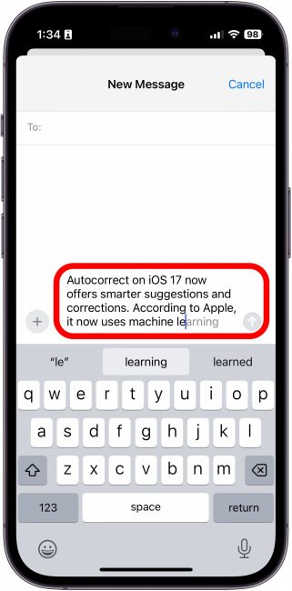 iPhoneIslam.com سے، آئی فون کا ایک اسکرین شاٹ جس میں پیغام "نیا پیغام" کو نمایاں کیا گیا ہے، جو تازہ ترین iOS اپ ڈیٹ دکھا رہا ہے۔