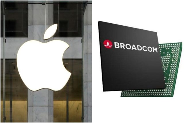 iPhoneIslam.com'dan bir elma logosu ve Broadcom çipinin görüntüsü.