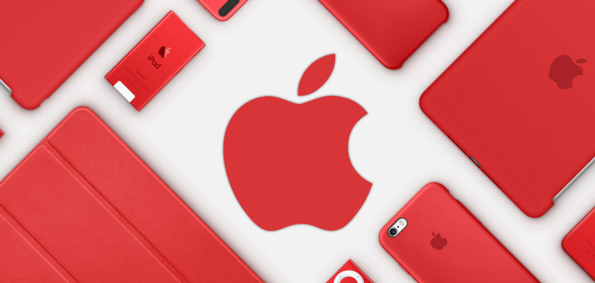 iPhoneIslam.com より、白い表面に赤い iPhone と iPad 製品が配置されています。
