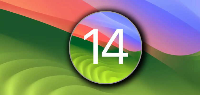 iPhoneIslam.com から、数字の 14 をフィーチャーし、エキサイティングな新機能を備えた新しい macOS Sonoma 14.2 アップデートを紹介するカラフルな壁紙。