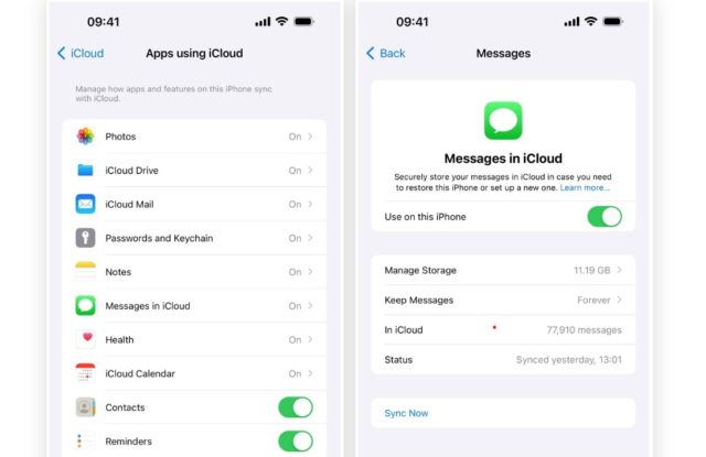 Από το iPhoneIslam.com, δύο iPhone εμφανίζουν ρυθμίσεις για την αποστολή μηνυμάτων στο cloud χρησιμοποιώντας την ενημερωμένη εφαρμογή Μηνύματα iOS.