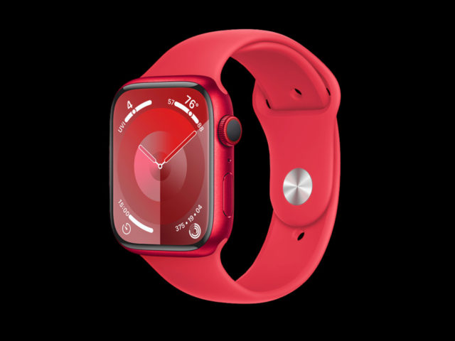 من iPhoneIslam.com، منتجات ساعة التفاح باللون الأحمر مع شريط أحمر على خلفية سوداء.