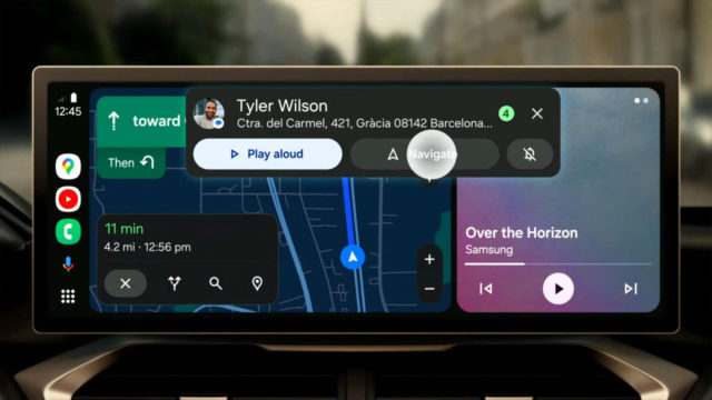 来自 iPhoneIslam.com，带有 GPS 显示屏的汽车仪表板，显示 Samsung Unpacked 2024 会议活动和 Galaxy S 系列