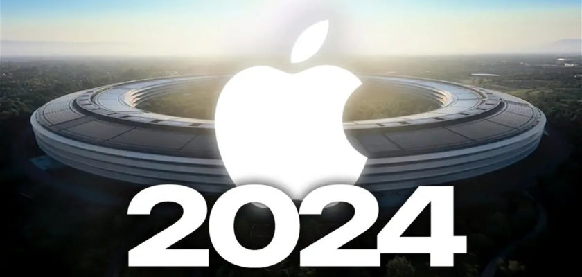 iPhoneIslam.com سے، ایپل کا لوگو پس منظر میں لفظ 2024 چیلنجز کے ساتھ۔