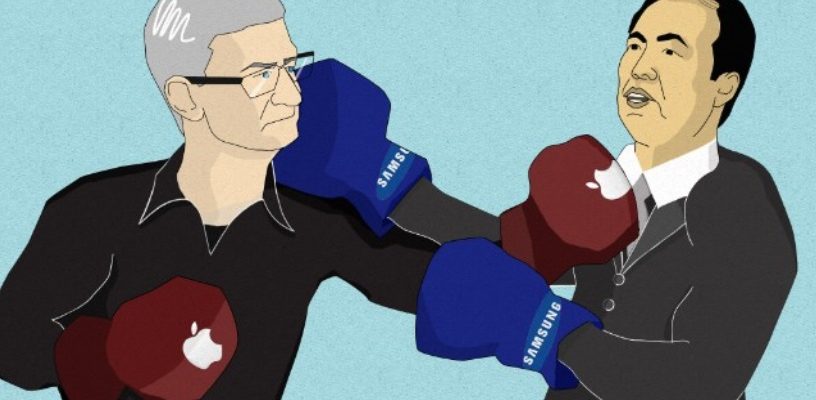 Tiré d'iPhoneIslam.com, un dessin animé de deux hommes boxant sur un ring avec une touche supplémentaire de marque Apple.