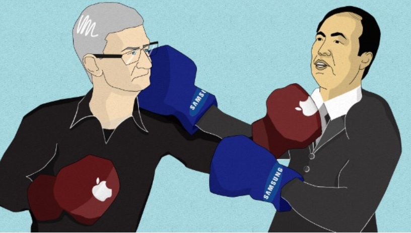 iPhoneIslam.com より、Apple ブランドのタッチを加えた、ボクシングのリングでボクシングをする 2 人の男性の漫画。