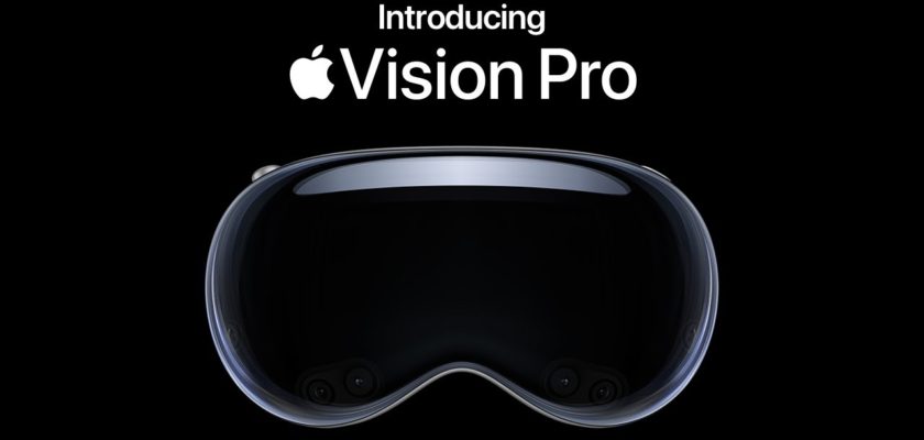 Desde iPhoneIslam.com, el dispositivo Apple Vision Pro se muestra sobre un fondo negro. Con dispositivos que Apple lanzará.
