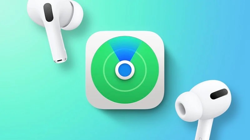 من iPhoneIslam.com، ابحث عن Airpods الخاصة بي على خلفية زرقاء.