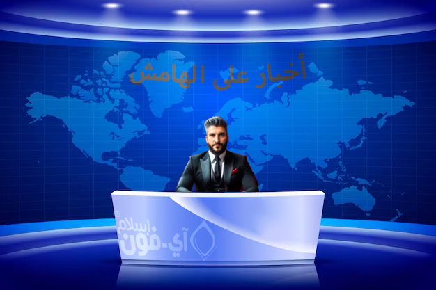 من iPhoneIslam.com، رجل يرتدي بدلة يرتدي نظارات فيجن برو، ويجلس أمام خريطة العالم.